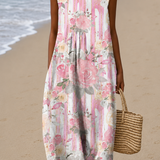 Aria - Women's Loose-Fit Sleeveless Printed Midi Dress for the Beach