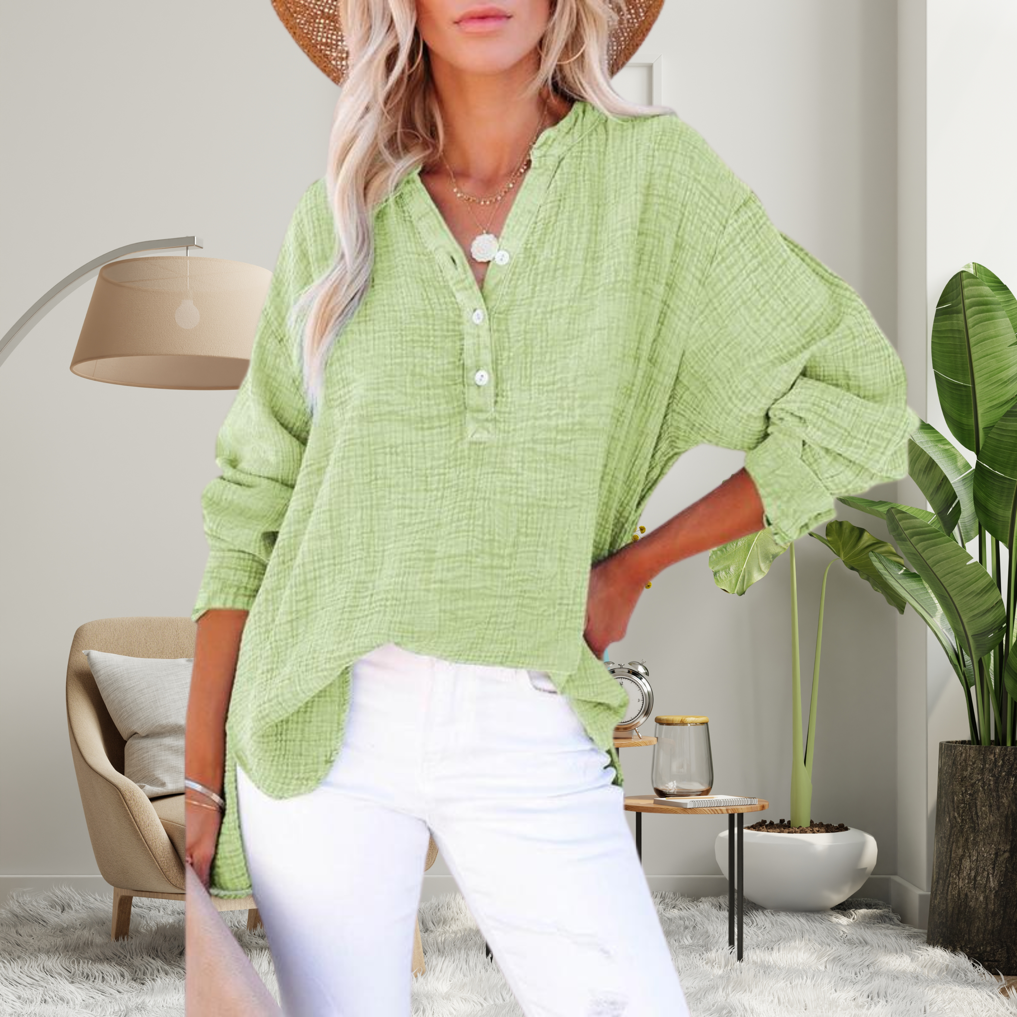 Brylin - Oversized Long Sleeve V-Neck Blouse for Casual Wear