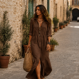 Bohemian Maxi Dress with Black Button-Front Detail