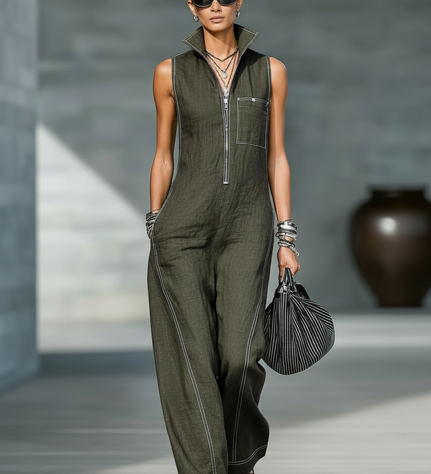 Octavia - Sleeveless Jumpsuit Featuring White Hem Accents