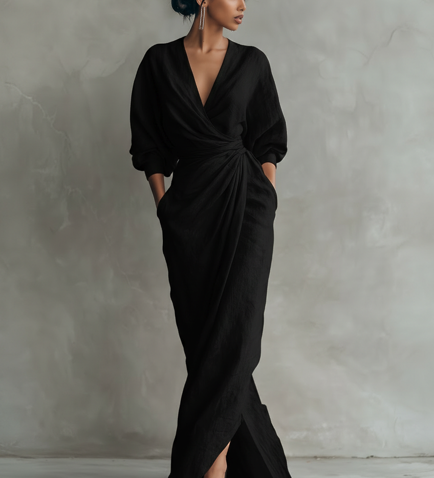 Alba - V-Neck Maxi Dress in Pink Linen