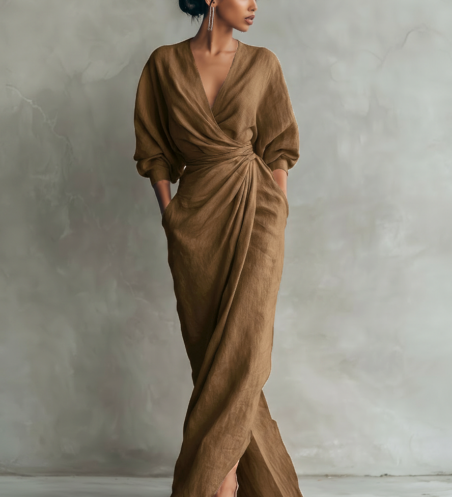 Alba - V-Neck Maxi Dress in Pink Linen