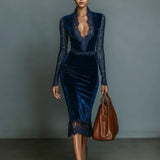 Freya - Navy Velvet V-Neck Midi Gown