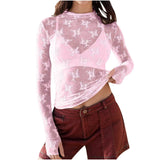 Novy - Fitted Long Sleeve Blouse with Lace Mesh Detail