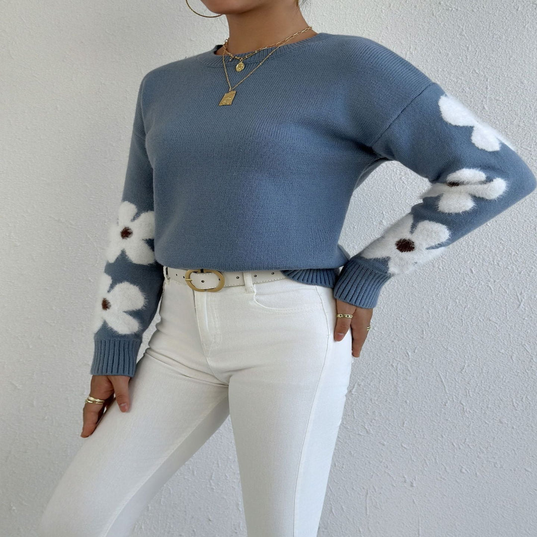 ZOEYT - Floral Print Round Neck Sweater