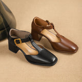 Albie - Block Heel T-Strap Leather Pumps