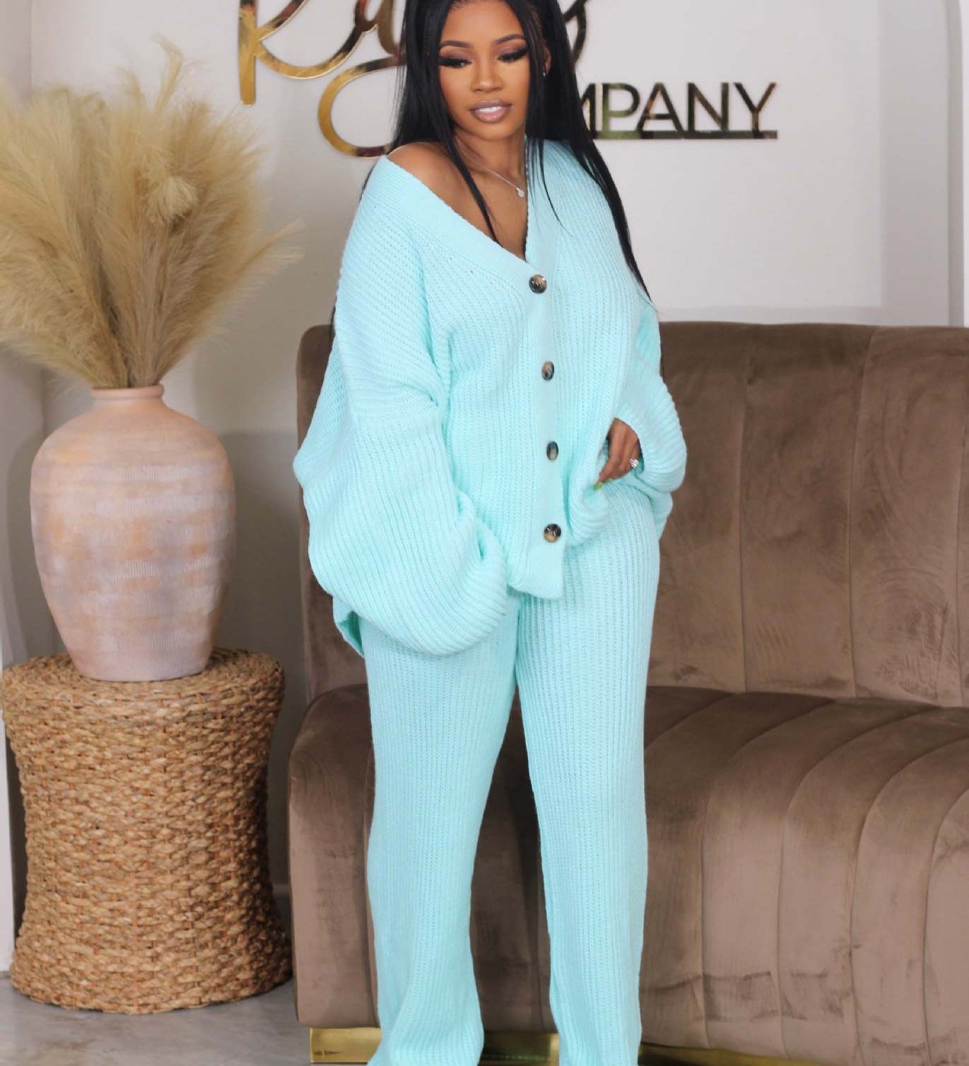 AMIKAT - V-Neck Cardigan with Wide Leg Pants
