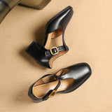 Albie - Block Heel T-Strap Leather Pumps