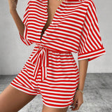 CANDIDA™ – Striped Tie-Front Casual Summer Romper