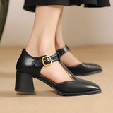 Albie - Block Heel T-Strap Leather Pumps