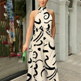 QIANAT - Sleeveless Wide Leg Jumpsuit with Neck Tie
