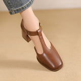 Albie - Block Heel T-Strap Leather Pumps