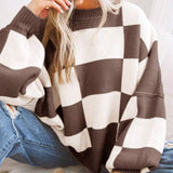 REVERIE™ - Cozy Plaid Long Sleeve Sweater with Round Neck