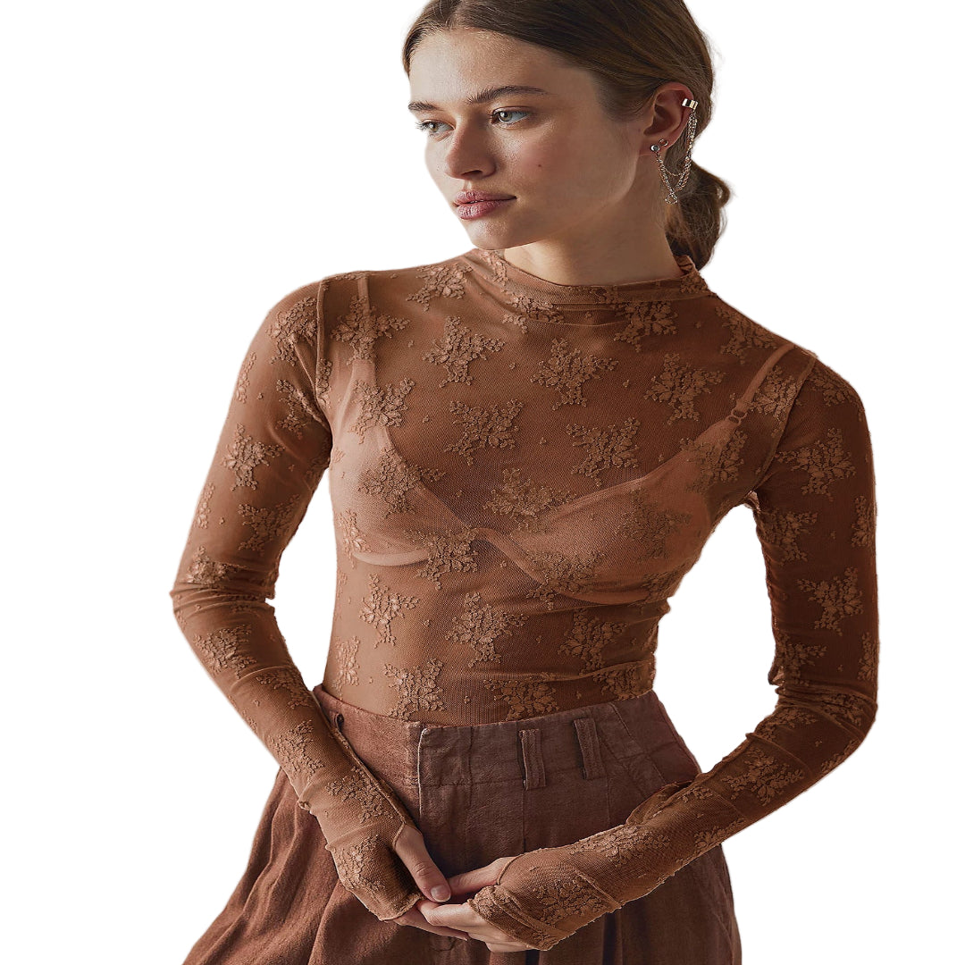 Novy - Fitted Long Sleeve Blouse with Lace Mesh Detail
