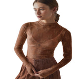 Novy - Fitted Long Sleeve Blouse with Lace Mesh Detail