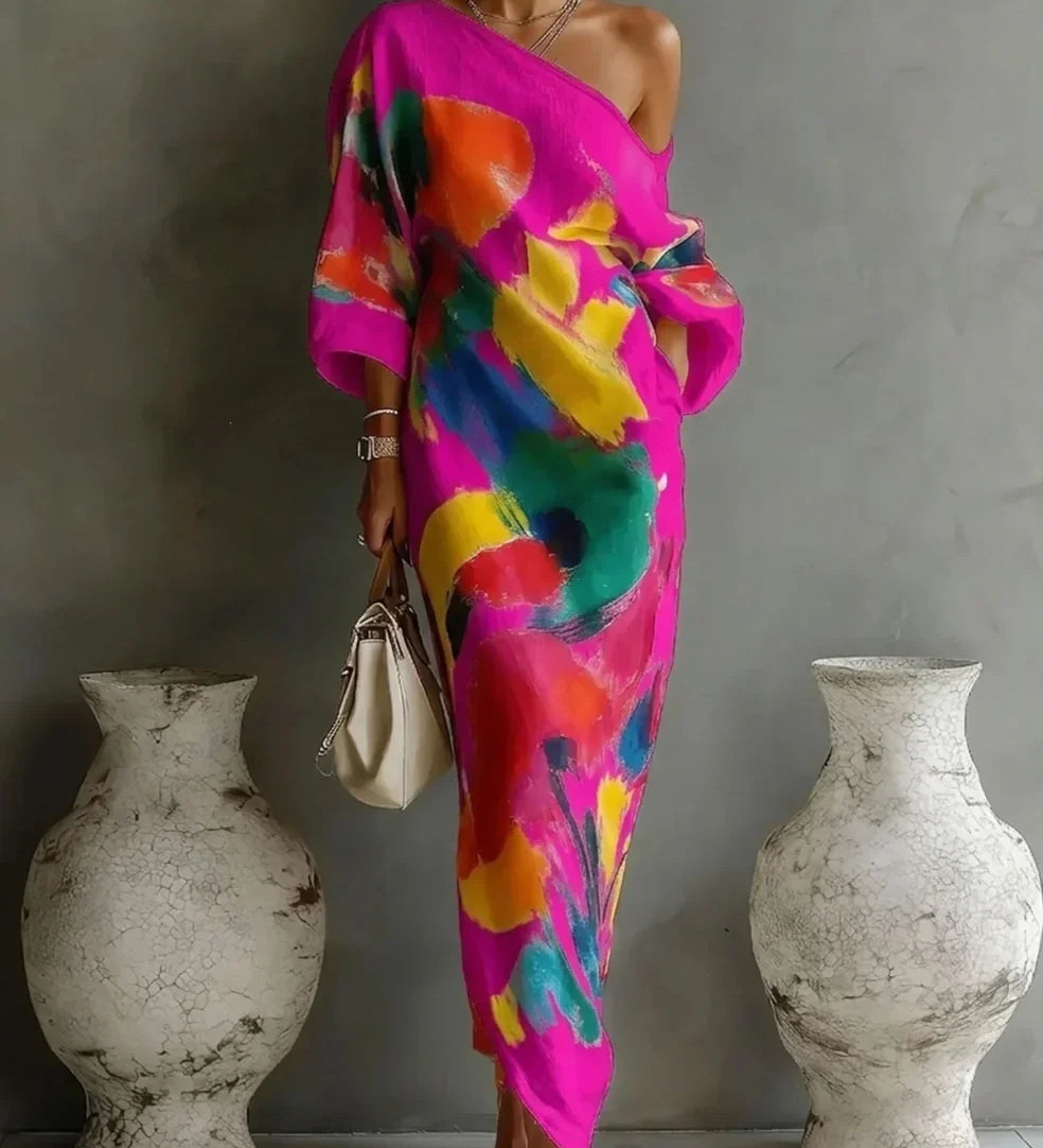 Mara - Abstract Print One-Shoulder Maxi Dress