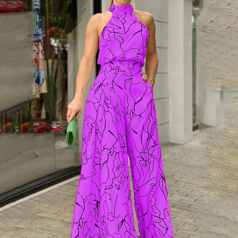 QIANAT - Sleeveless Wide Leg Jumpsuit with Neck Tie