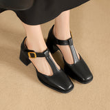 Albie - Block Heel T-Strap Leather Pumps