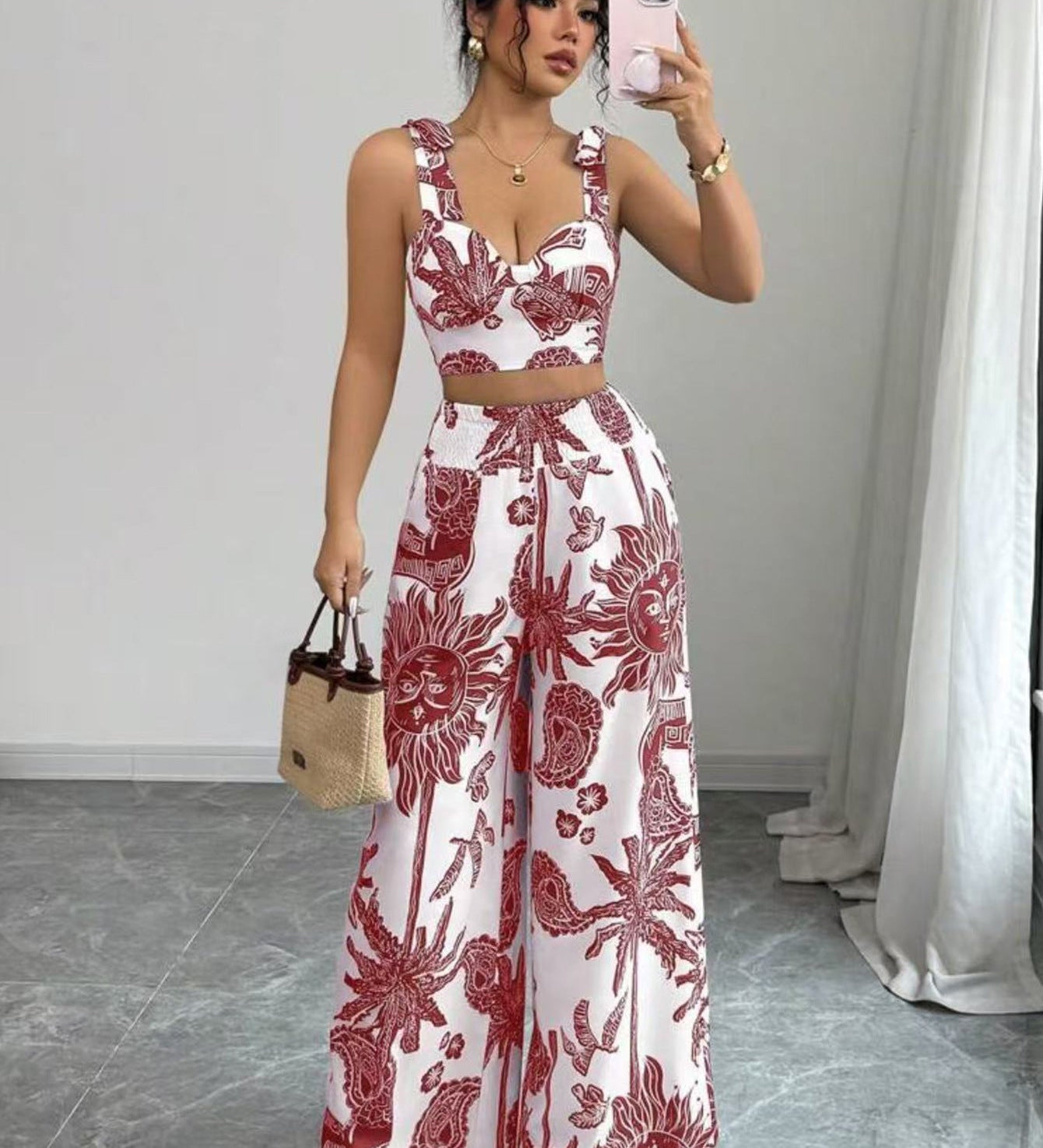 THAWDIT - Bohemian Print Crop Top and Wide Leg Pants