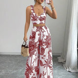 THAWDIT - Bohemian Print Crop Top and Wide Leg Pants
