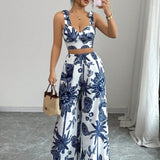 THAWDIT - Bohemian Print Crop Top and Wide Leg Pants