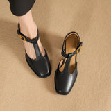 Albie - Block Heel T-Strap Leather Pumps