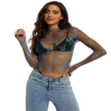 Novy - Fitted Long Sleeve Blouse with Lace Mesh Detail