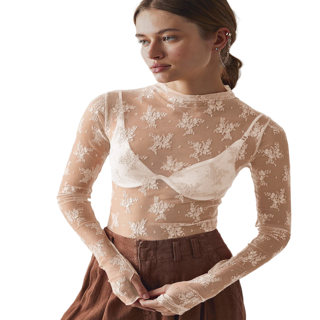 Novy - Fitted Long Sleeve Blouse with Lace Mesh Detail