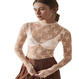 Novy - Fitted Long Sleeve Blouse with Lace Mesh Detail