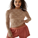 Novy - Fitted Long Sleeve Blouse with Lace Mesh Detail