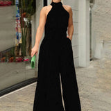 QIANAT - Sleeveless Wide Leg Jumpsuit with Neck Tie