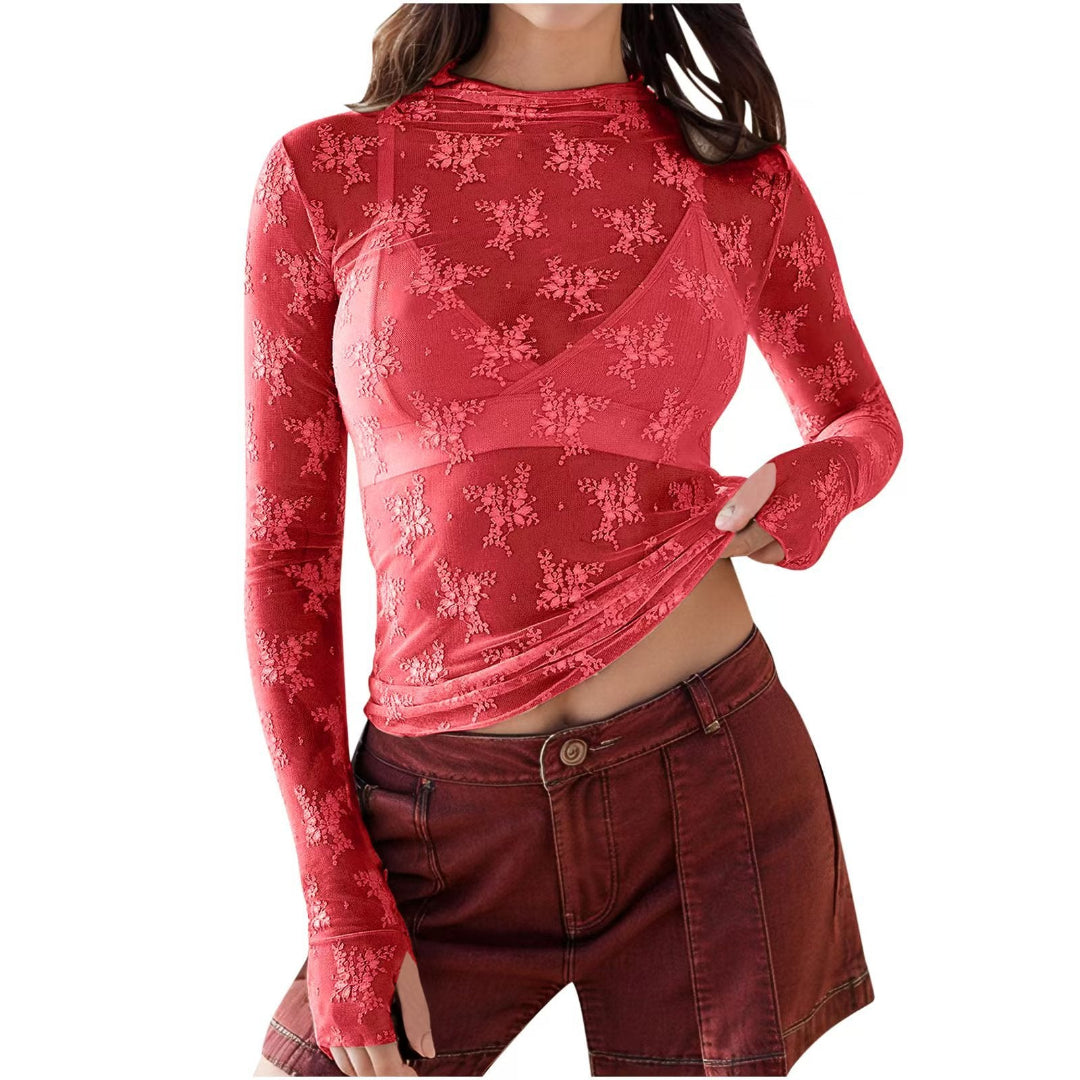 Novy - Fitted Long Sleeve Blouse with Lace Mesh Detail