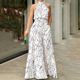 QIANAT - Sleeveless Wide Leg Jumpsuit with Neck Tie