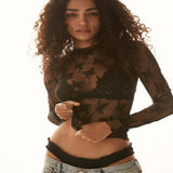 Novy - Fitted Long Sleeve Blouse with Lace Mesh Detail