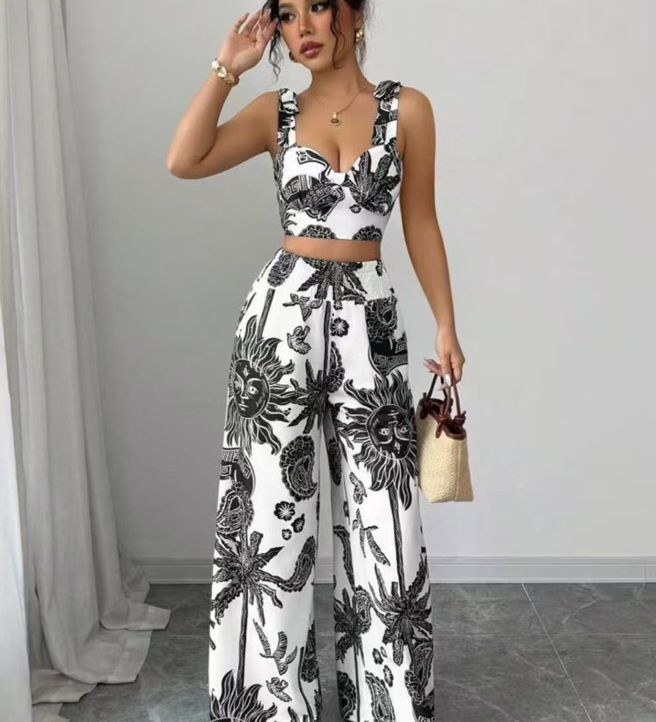 THAWDIT - Bohemian Print Crop Top and Wide Leg Pants