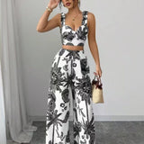THAWDIT - Bohemian Print Crop Top and Wide Leg Pants