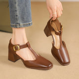 Albie - Block Heel T-Strap Leather Pumps