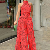 QIANAT - Sleeveless Wide Leg Jumpsuit with Neck Tie