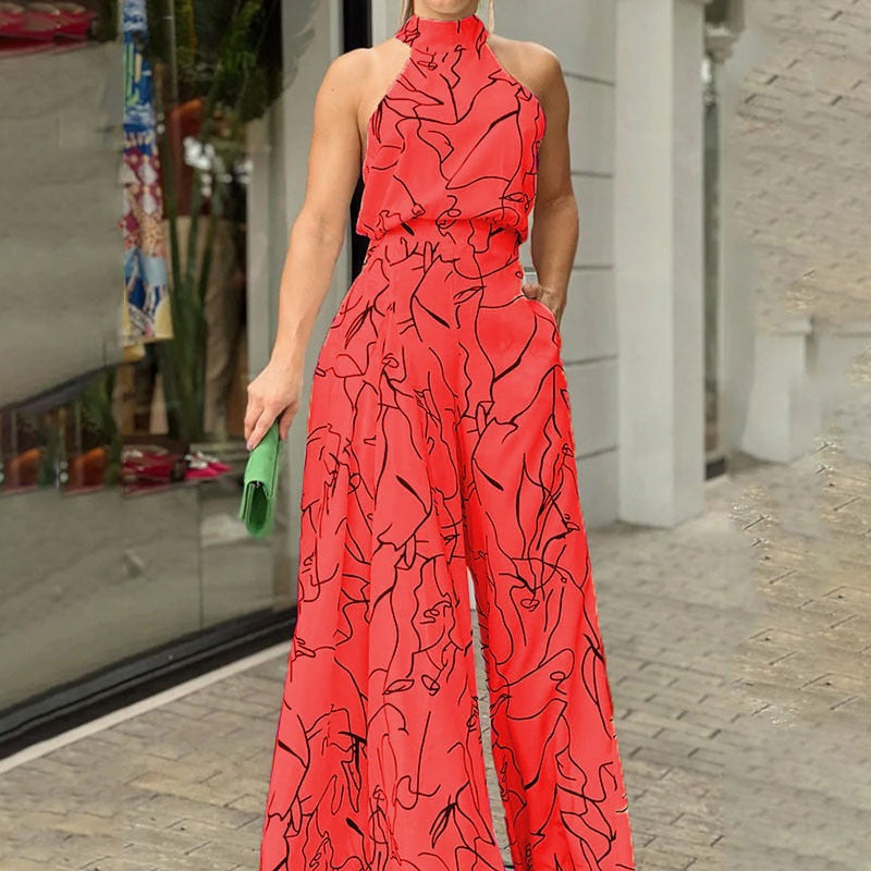 QIANAT - Sleeveless Wide Leg Jumpsuit with Neck Tie