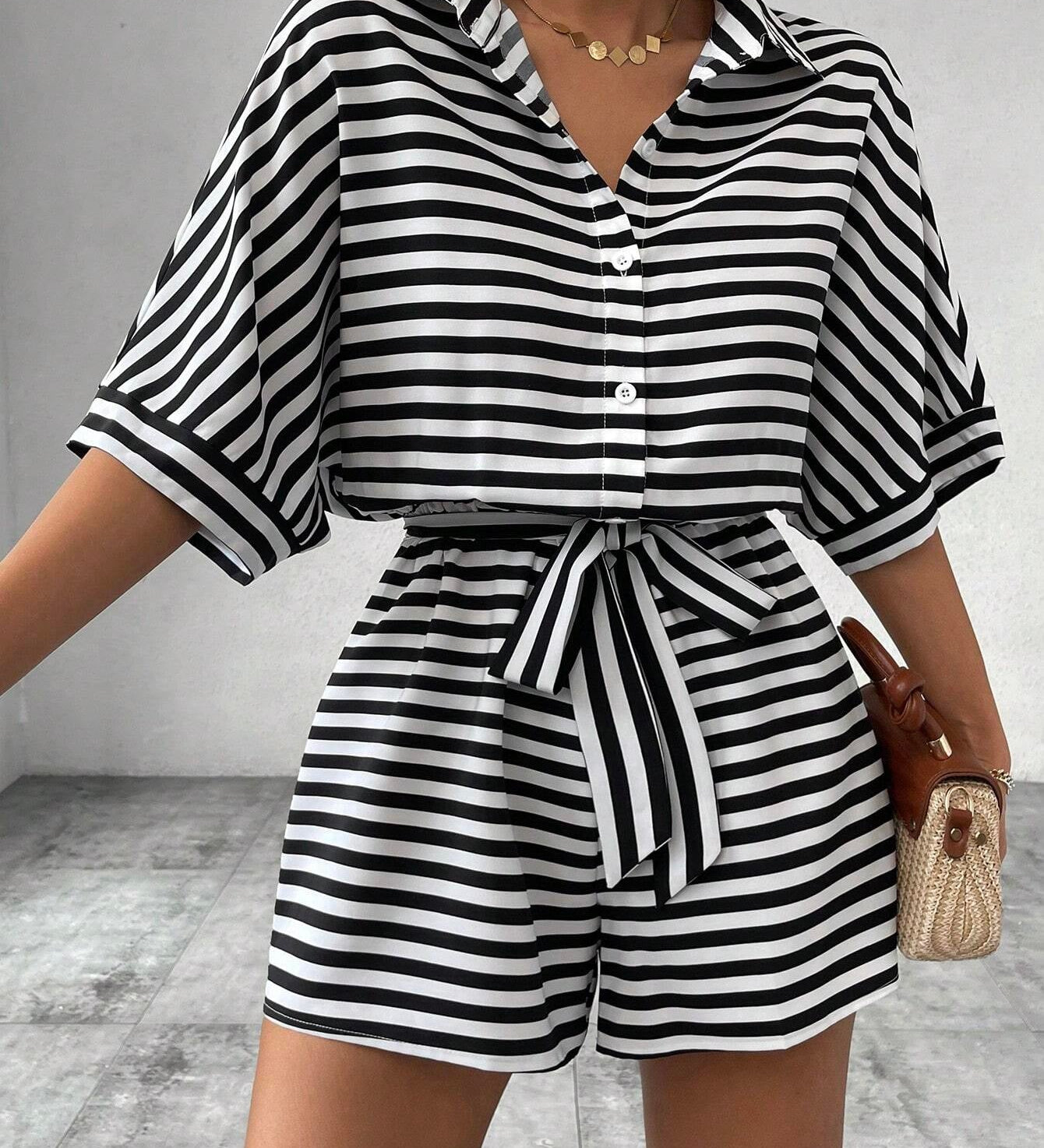 CANDIDA™ – Striped Tie-Front Casual Summer Romper