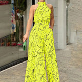 QIANAT - Sleeveless Wide Leg Jumpsuit with Neck Tie