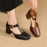 Albie - Block Heel T-Strap Leather Pumps