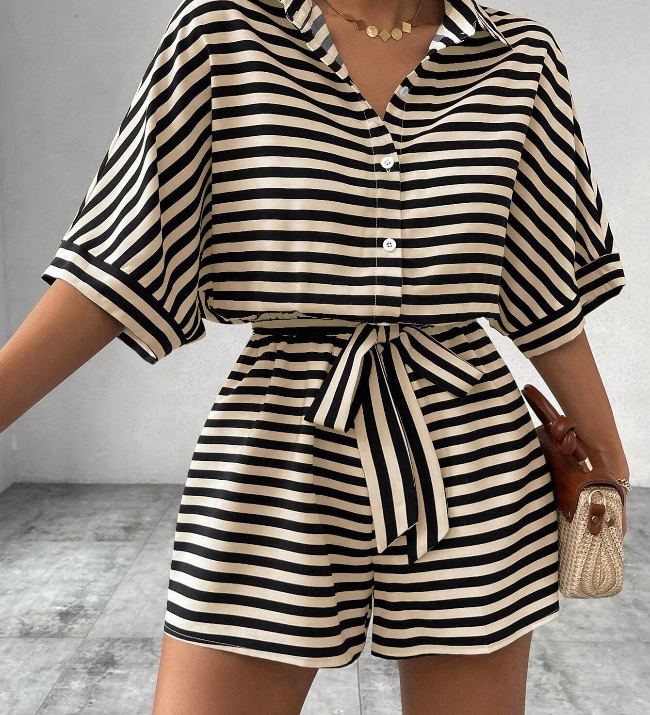CANDIDA™ – Striped Tie-Front Casual Summer Romper