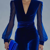 Chic Vintage V-Neck Long-Sleeve Royal Velvet Jumpsuit with Mesh Accents