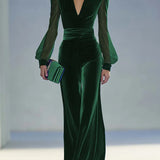 Chic Vintage V-Neck Long-Sleeve Royal Velvet Jumpsuit with Mesh Accents
