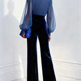 Velvet Long Sleeve Jumpsuit with Blue Mesh V-Neck
