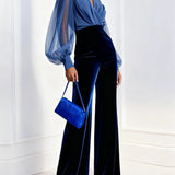 Velvet Long Sleeve Jumpsuit with Blue Mesh V-Neck