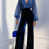 Velvet Long Sleeve Jumpsuit with Blue Mesh V-Neck
