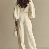 Olga - Ivory Ribbed Crew Neck Top with High-Waisted Wide-Leg Pants Set