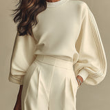 Olga - Ivory Ribbed Crew Neck Top with High-Waisted Wide-Leg Pants Set
